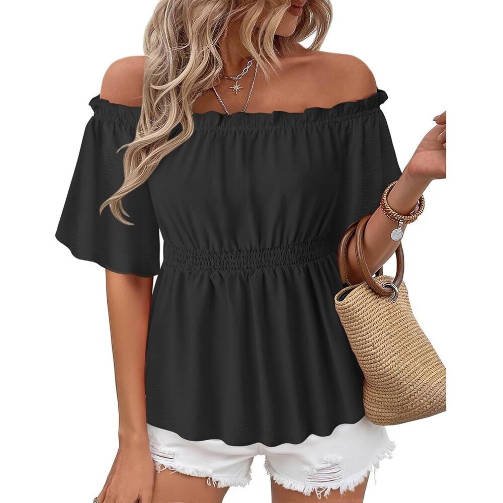 Women's Off Shoulder Peplum Top Ruffle Sleeve Casual Summer Blouse